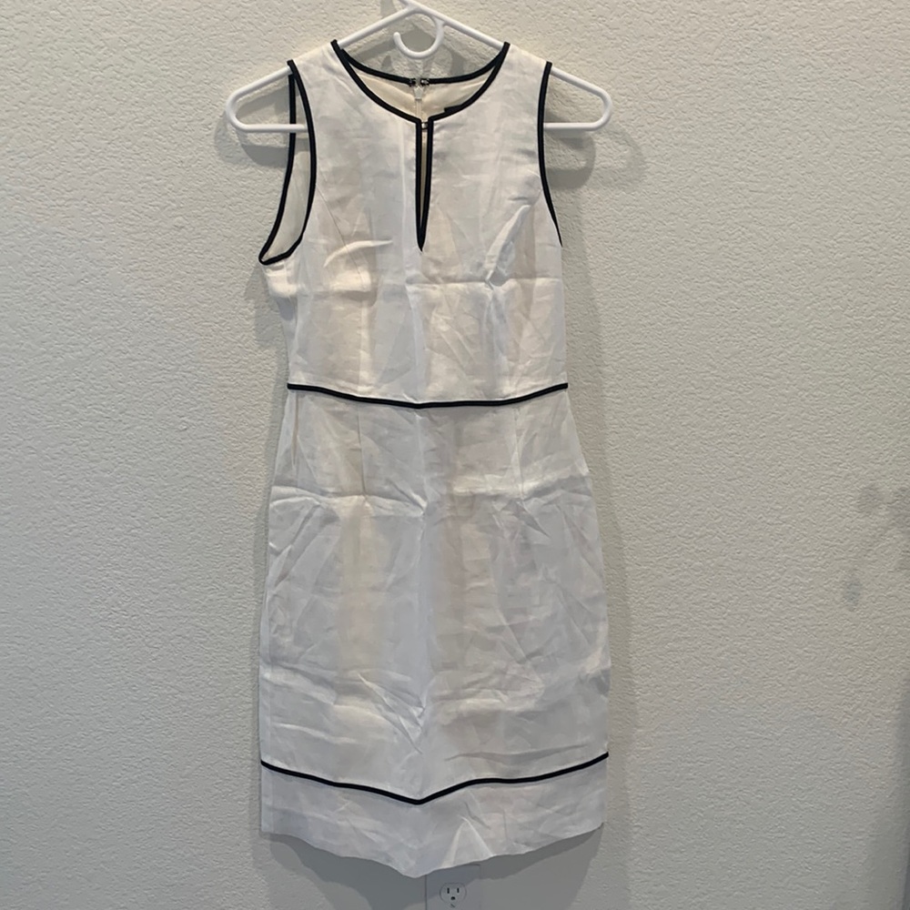 NWT J.Crew Herringbone Linen Dress White Navy 2